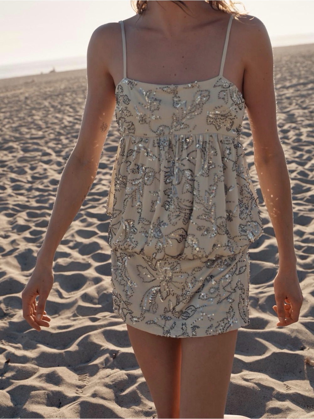 Zara Cream Beaded Spaghetti-Strap Mini Dress